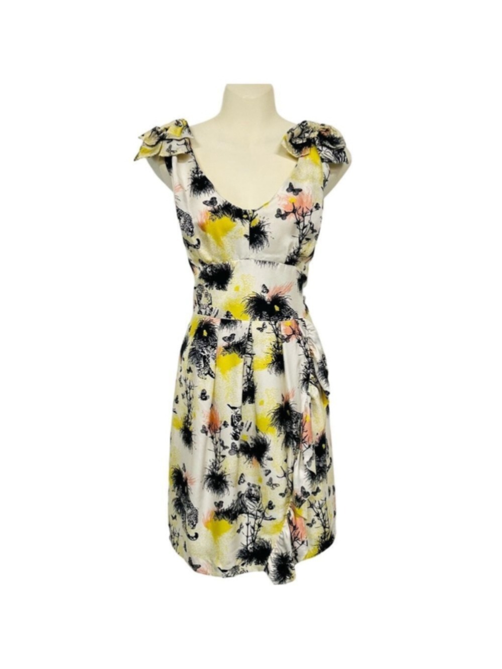 Sandra Angelozzi silk dress Size 12 tiger butterfly ruffle Retro Inspired